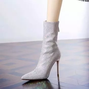2024 Весна и Осень Новые Заостренные Стразы Модная Верхняя Одежда Тонкие Каблуки Женские Универсальные Ботинки Одиночные Ботинки Женские 34 бежевый