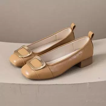 2024 Весна и осень Новые женские балетки с квадратным носком на среднем каблуке с квадратным носком и мелкой пряжкой Повседневные туфли Женские лоферы без застежек 35 бежевый