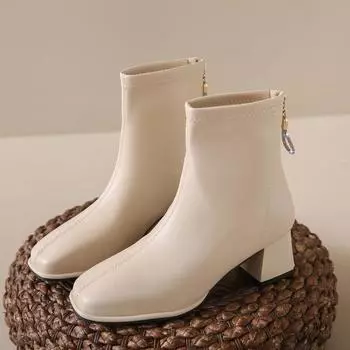 2024 Весна и осень Новые женские ботильоны из цельной кожи с круглой головкой и молнией сзади, удобные женские туфли на высоком каблуке 34 бежевый