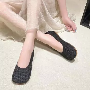 2024 Весна и Осень Новые Женские Туфли Модные Сетчатые Дышащие Однотонные Туфли С Круглым Носком Неглубокий Кольцевой Вырез Слипоны Женские Туфли На Плоской Подошве 35 бежевый