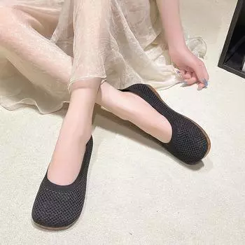2024 Весна и Осень Новые Женские Туфли Модные Сетчатые Дышащие Однотонные Туфли С Круглым Носком Неглубокий Кольцевой Вырез Слипоны Женские Туфли На Плоской Подошве 35 бежевый