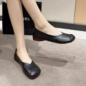 2024 Весна и Осень Новые Женские Туфли Модные Однотонные Квадратные Носки Низкий Каблук Неглубокий Кольцевой Кольцо Слипоны Женские Туфли На Плоской Подошве 35 светло-коричневого