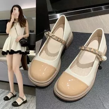 2024 Весна и осень Новый британский стиль Niche Design Sense Pearl Fashion Small Leather Shoes Женские туфли Mary Jane на плоской подошве в стиле ретро 35