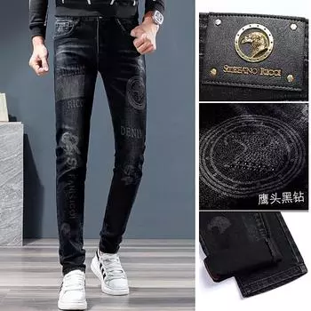 2024 Весна и осень новый тренд джинсовая эластичная вышивка узкие прямые высококачественные мужские повседневные джинсовые брюки 28