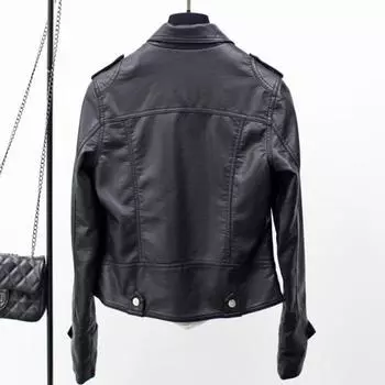 2024 Весна и осень одежда новая облегающая кожаная куртка с лацканами короткая куртка женская корейская кожаная куртка S чёрный