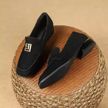 2024 Весна и осень однотонные женские туфли на плоской подошве модные круглые носки на низком каблуке повседневные женские туфли на плоской подошве большого размера без застежек 35 чёрный