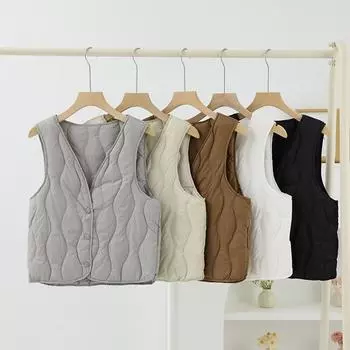 2024 Весна и Осень Однотонный Универсальный Пуховый Жилет с V-образным вырезом Подкладка Легкий и Теплый Пуховый Жилет Куртка Женская Тенденция S чёрный