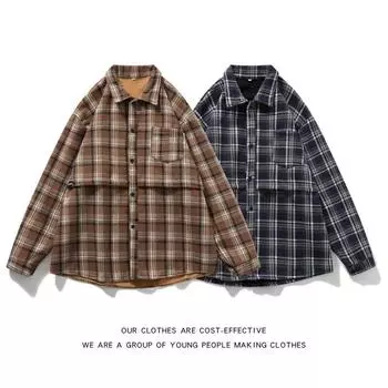 2024 Весна и осень японский стиль ретро клетчатая рубашка с длинным рукавом мальчики и подростки Feel Ruan красивая толстая шерстяная рубашка пальто M хаки
