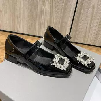 2024 Весна и Осень Роскошные Женские Туфли Мэри Джейн с Кристаллами, Ремешок На Щиколотке, Женские Черно-Белые Туфли Для Вечеринки На Высоком Каблуке 34 чёрный