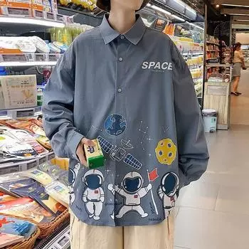 2024 Весна и осень рубашка с длинным рукавом японский стиль Гонконг Ins свободная рубашка мужская летняя модная универсальная повседневная куртка M чёрный