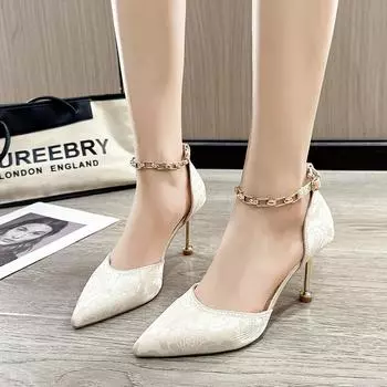2024 Весна и осень сезон новые однотонные заостренные однорядные цепочные пряжки удобные внешние женские туфли на высоком каблуке 34 бежевый