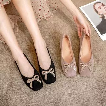 2024 Весна и осень сезон новые универсальные туфли с бантом одинарные женские туфли с плоским дном и неглубоким воротом большие женские туфли 34 абрикосовый