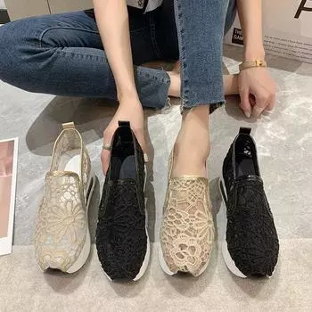 2024 Весна и Осень Туфли на платформе большого размера Новые дышащие модные мокасины на плоской подошве с сеткой и кружевом Женская обувь Zapatos Mujer 35 чёрный