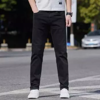 2024 Весна и Осень Высококачественная Осень Новая Коллекция Невыцветающие Чисто Черные Джинсы Мужские Эластичные Свободные Прямые Повседневные Длинные Брюки 28