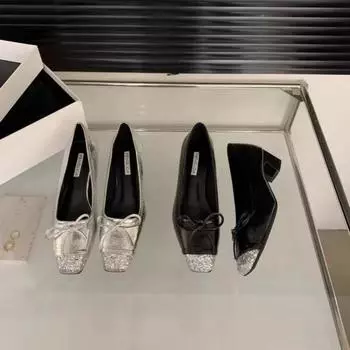 2024 Весна и осень Высококачественная женская обувь Цветные глянцевые туфли на низком каблуке с квадратным носком и неглубокой пряжкой Женские туфли на высоком каблуке 35 чёрный