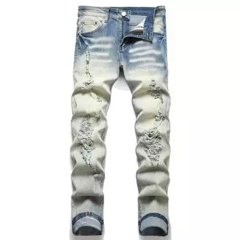 2024 Весна и осень Высококачественные джинсы Модный бренд Эластичные облегающие брюки с пирсингом Маленькие повседневные длинные брюки для мужчин 28