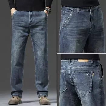 2024 Весна и осень Высококачественные сине-серые джинсы мужские свободные прямые деловые эластичные повседневные длинные брюки 29