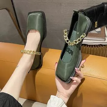 2024 Весна и Осень Женская Уличная Обувь Женские Повседневные Лоферы Британский Стиль Металлическая Цепочка Дизайн Банкет и Офис 35 чёрный