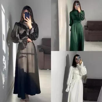 2024 Весна и осень Женские платья с рукавами, зауженной талией, воротником-стойкой, однотонные, трапециевидные, плиссированные, для шопинга, вечеринок, выпускного вечера, макси-платья S зелёный