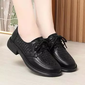 2024 Весна Круглый Верх Мягкая Кожа Женские Ретро Полые Шнуровка Матери Туфли Мягкие Комфортные Низкие Каблуки Повседневные Одиночные Туфли 35(Foot22.5cm)