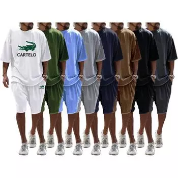 2024 Весна/Лето Большой повседневный мужской комплект Свободные шорты с короткими рукавами Однотонный комплект с принтом M чёрный