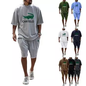 2024 Весна/Лето Большой повседневный мужской комплект Свободные шорты с короткими рукавами Однотонный комплект с принтом M чёрный