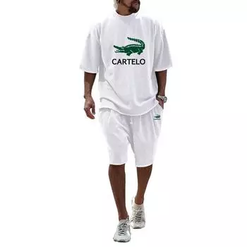 2024 Весна/Лето Большой повседневный мужской комплект Свободные шорты с короткими рукавами Однотонный комплект с принтом M чёрный