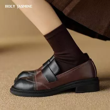 2024 Весна Лето Классические Женские Туфли-Лодочки Зрелые Винтажные Разноцветные Туфли Из Натуральной Кожи На Низком Каблуке Женские Рабочие Повседневные Туфли 34 коричневый