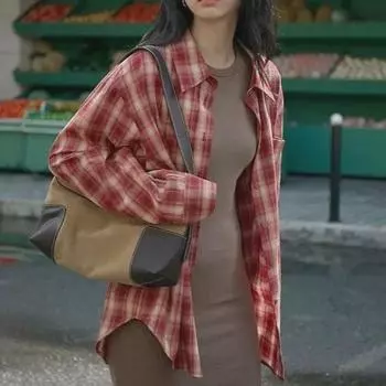 2024 Весна/Лето Красная Клетчатая Женская Приталенная Свободная Длинная Рубашка Extra Extra Large красный