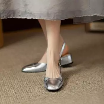 2024 Весна/лето Модные французские ретро-босоножки из мягкой кожи с серебристым бантом на среднем толстом квадратном каблуке 35 серебряный