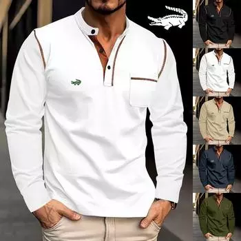 2024 Весна/Лето Мужская рубашка-поло с длинными рукавами и воротником-стойкой Мужское платье-поло с вышивкой S чёрный