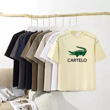 2024 Весна/Лето Новая контрастная линия с заниженной линией плеч, 100% хлопок, высококачественная футболка с круглым вырезом и принтом S чёрный