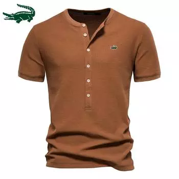 2024 Весна/Лето Новая трикотажная футболка с коротким рукавом и вышивкой, повседневная мужская однотонная европейская вафельная футболка с круглым вырезом S серый