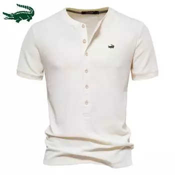 2024 Весна/Лето Новая трикотажная футболка с коротким рукавом и вышивкой, повседневная мужская однотонная европейская вафельная футболка с круглым вырезом S серый