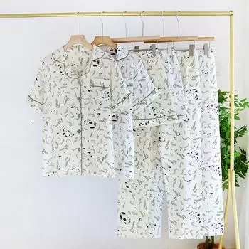2025 Весна/Лето Новая женская пижама из трех предметов 100% чистый хлопок креп тонкий короткий рукав + шорты + длинные брюки Home Fury M