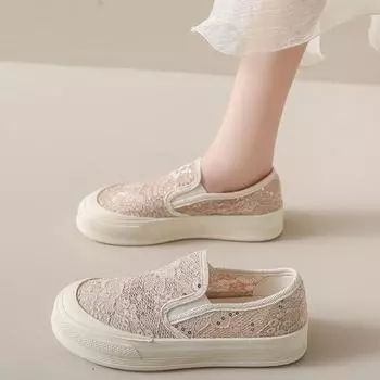2024 Весна Лето Новые Модные Милые Кружева Повседневные Туфли На Плоской Подошве Мягкие Дышащие Однотонные Модные Женские Кроссовки 35 бежевый
