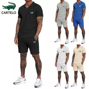 2024 Весна/Лето Новые мужские шорты с вафельным v-образным вырезом и короткими рукавами с вышивкой, комплект из двух предметов с воротником-поло M чёрный