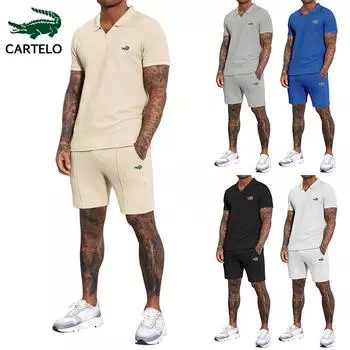 2024 Весна/Лето Новые мужские шорты с вафельным v-образным вырезом и короткими рукавами с вышивкой, комплект из двух предметов с воротником-поло M чёрный