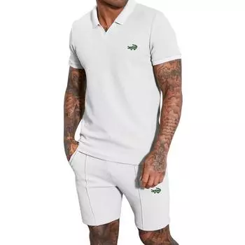 2024 Весна/Лето Новые мужские шорты с вафельным v-образным вырезом и короткими рукавами с вышивкой, комплект из двух предметов с воротником-поло M чёрный