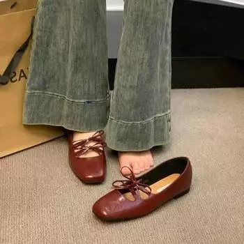 2024 Весна Лето Новые Женские Туфли Мэри Джейн Мягкие Повседневные Платья Для Уличного Отдыха Плоские Балетки Круглый Носок Неглубокие Однотонные Туфли Без Застежек 35 вино красного