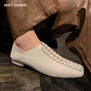 2024 Весна Лето Новые Женские Туфли На Низком Каблуке С Квадратным Носком Базовые Повседневные Рабочие Удобные Туфли На Плоской Подошве Мягкие Туфли Из Натуральной Кожи Женские Лаконичные 34 коричневый