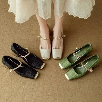 2024 Весна/лето Новый национальный стиль ткань коровья кожа квадратная голова цвет соответствует плотный с Мэри Джейн одинарные туфли женские 40 шампанского