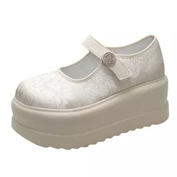 2024 Весна Лето Ретро Женские Кожаные Туфли 8 СМ Танкетка Каблуки Туфли Толстая Подошва Повседневная Осенняя Женская Обувь Для Колледжа Школьная Платформа 35 чёрный