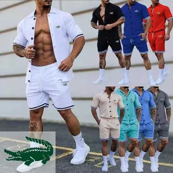 2024 Весна/Лето вышитый мужской модный однотонный кардиган-поло Повседневный комплект с короткими рукавами и шортами M чёрный