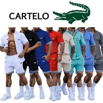 2024 Весна/Лето вышитый мужской модный однотонный кардиган-поло Повседневный комплект с короткими рукавами и шортами M