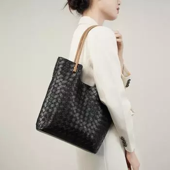 2024 Весна/Лето Женская Модная Сумка-тоут Из Воловьей Кожи - Большая Вместительная Сумка На Одно Плечо Из Натуральной Кожи чёрный