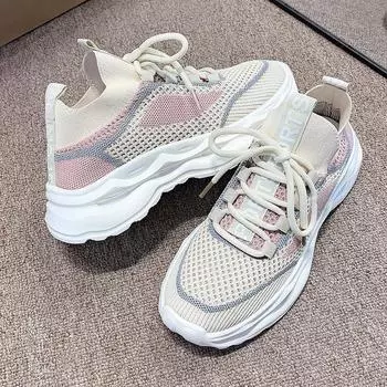 2024 Весна Лето Женские Кроссовки Сетчатые Дышащие Повседневные Женские Спортивные Туфли Толстая Подошва Шнуровка Носки Бежевые Теннисные Туфли Из Вулканизируемой Ткани 35 бежевый