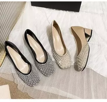 2024 Весна Лето Женские Модные Туфли-Лодочки Новые Туфли OL Party Square Casual High Heels Женские Мокасины со Стразами и Жемчугом 35-43 35 чёрный