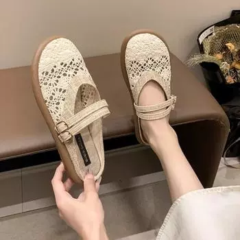 2024 Весна Лето Женские Мюли Туфли Брендовые Тапочки Модные Круглые Носки Бантик Баотоу Соломенные Плетеные Изделия плоские женские сандалии 35 бежевый