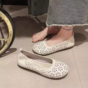 2024 Весна Лето Женские Туфли На Плоской Подошве Повседневные Дышащие Туфли Для Мам Удобные Однотонные Сандалии На Плоской Подошве Мокасины С Круглым Носком 35 бежевый
